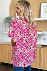Double Take Full Size Printed V-Neck Short Sleeve Blouse - kinko