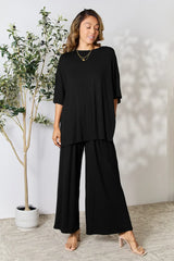 Double Take Full Size Round Neck Slit Top and Pants Set - kinko