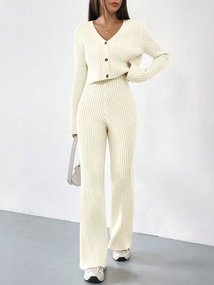Solid Color Knitted Two-piece Women's V-neck Short Knitted Cardigan Bootcut Trousers Versatile Casual Women's Clothing - kinko