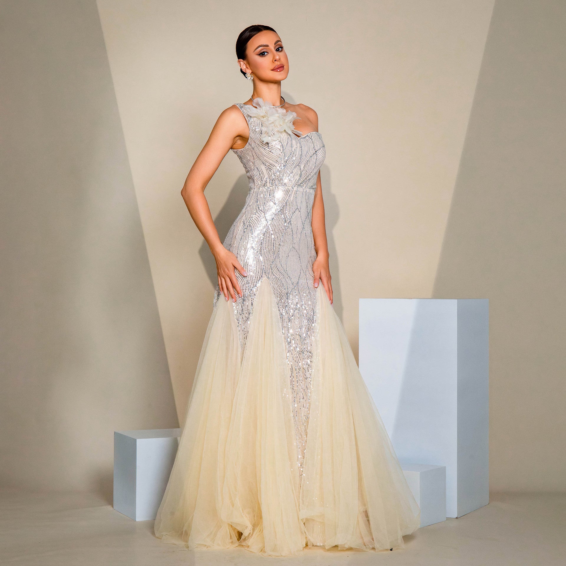 One-shoulder Diagonal Collar Slim-fit Sheath Sequined Slit Evening Dress - kinko