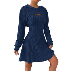 Women's Two-piece Set Dresses New Fashion Fall Winter Hooded Shawl Long-sleeved Vest Short Skirt - kinko