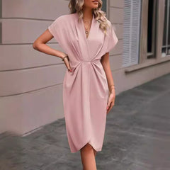 Summer Batwing Sleeve Dress Fashion V-neck Short Sleeve Pleated Dresses Womens Clothing - kinko