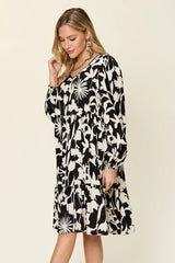 Double Take Full Size Printed Ruffle Hem Dress with Pocket - kinko