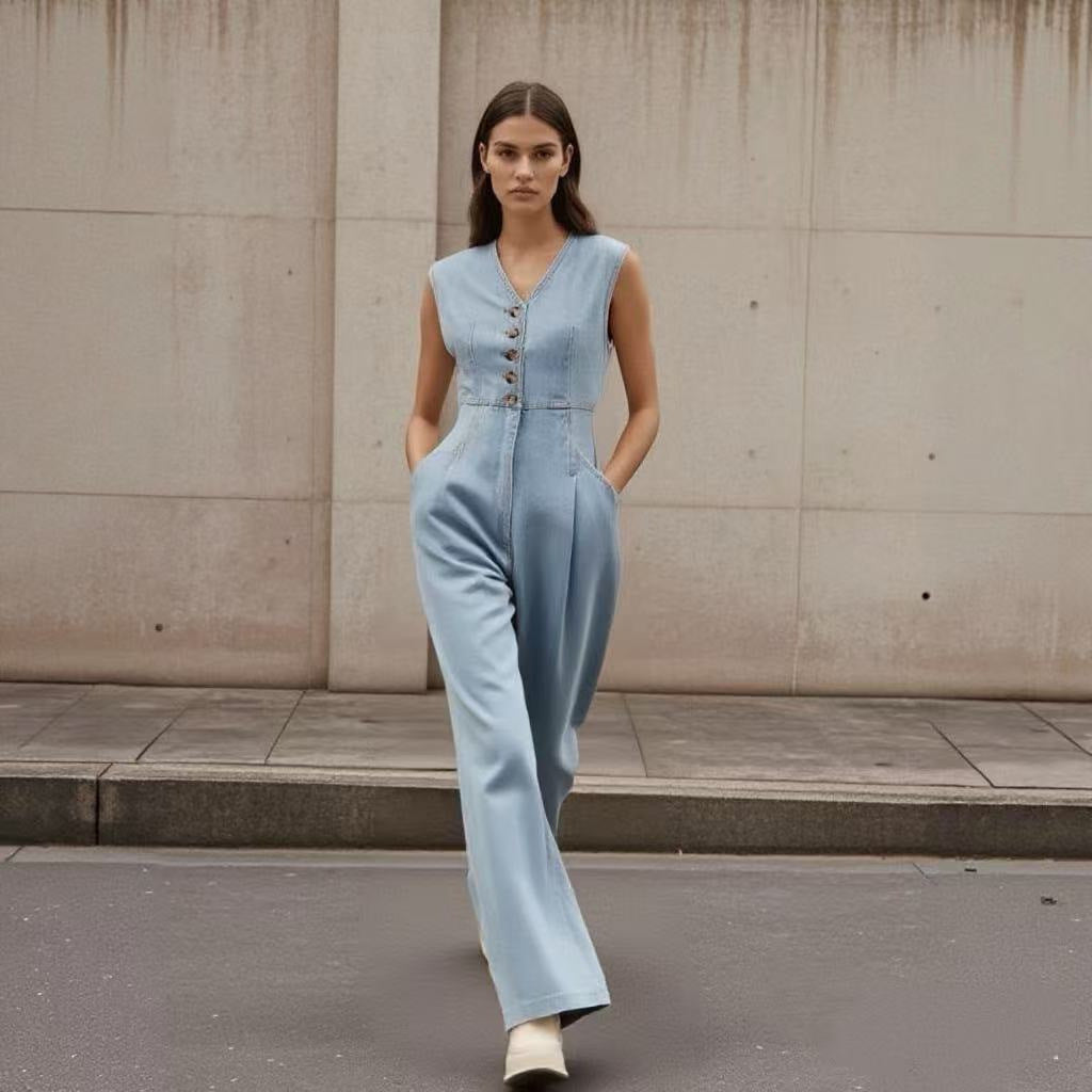 V-neck Double-breasted Sleeveless Wide Leg Overall Jeans - kinko