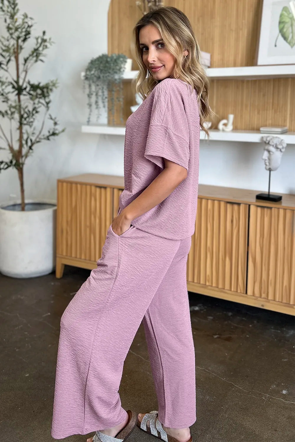 Double Take Full Size Texture Short Sleeve Top and Pants Set - kinko