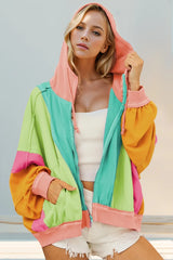 Double Take Full Size Color Block Zip Up Hoodie - kinko
