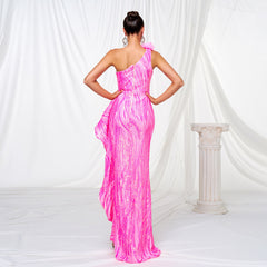 One-shoulder Diagonal Collar Sequined Slit Evening Dress - kinko