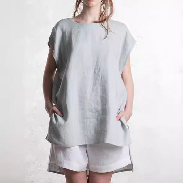 Round Neck Front Short Back Long Short Sleeve Top For Women - kinko