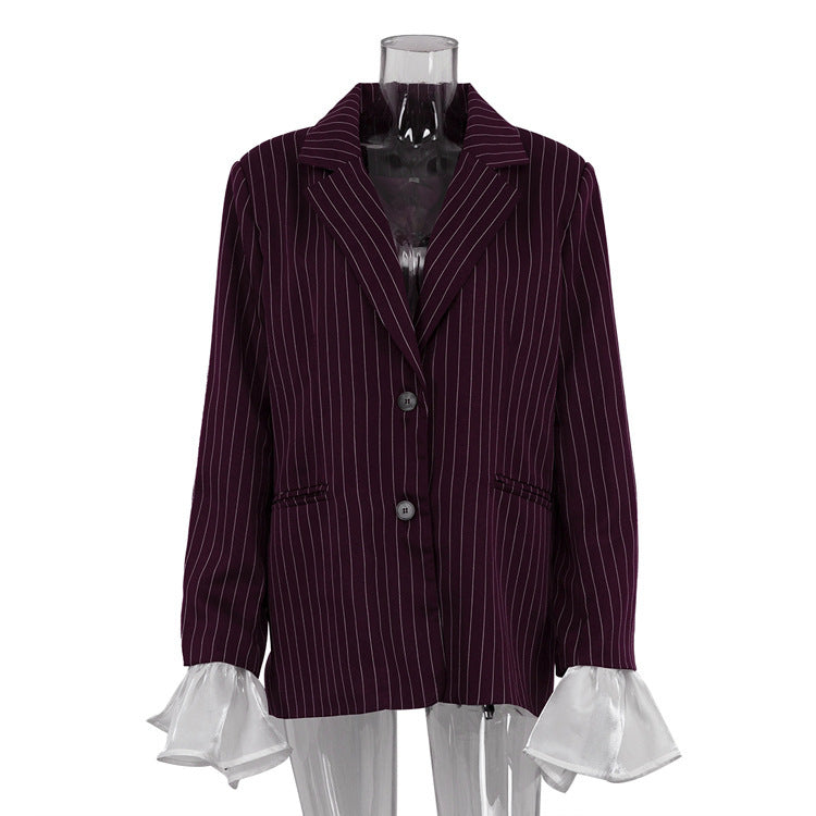 Lace Bell Sleeve Loose Casual Striped Blazer - kinko