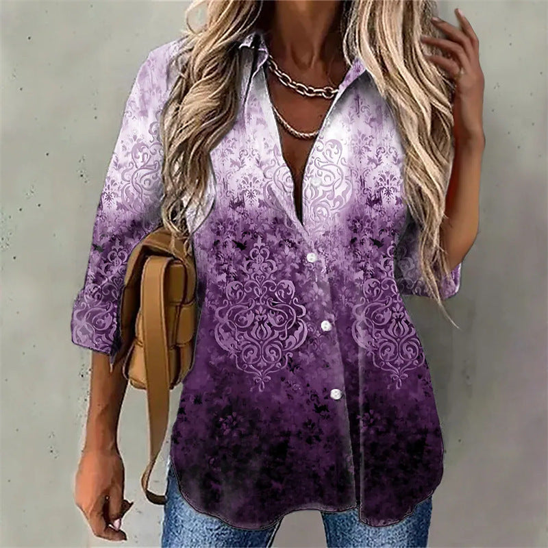 Tie-dyed Printed Button Long-sleeved Shirt - kinko