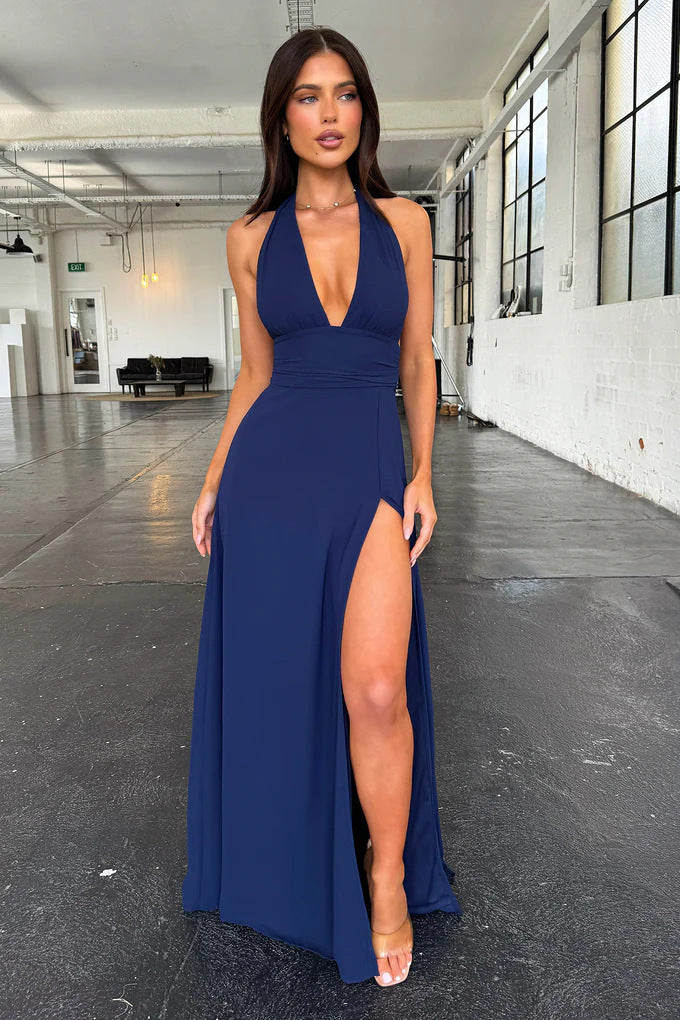Spring New Women's Style Hanging Neck V-neck Slit Long Solid Color Dress - kinko
