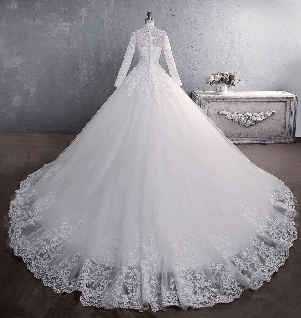 Lace Wedding Dress Bridal Stand-up Collar Long-sleeved Large Tail Large Size - kinko