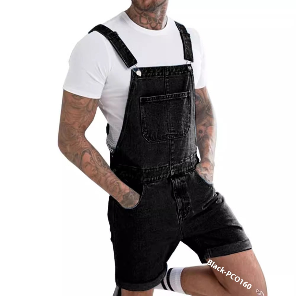 Youth Casual Mid-stretch Denim Suspender Pants - kinko