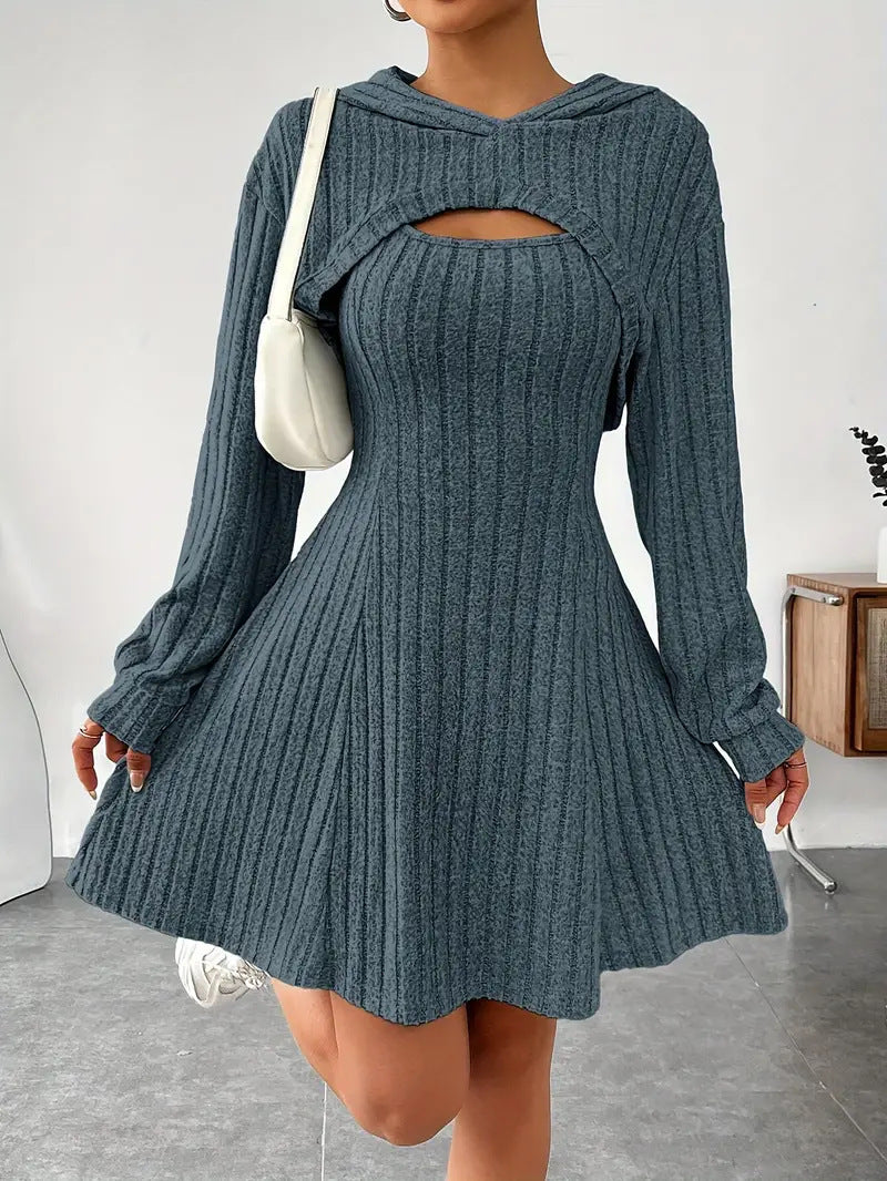 Women's Two-piece Set Dresses New Fashion Fall Winter Hooded Shawl Long-sleeved Vest Short Skirt - kinko
