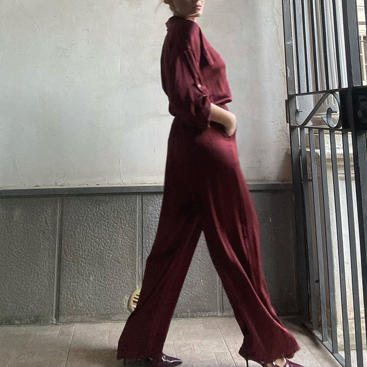 Lapel Long Sleeve Loose Shirt High Waist Trousers Two-piece Set - kinko