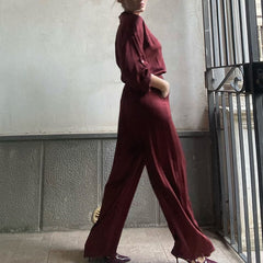Lapel Long Sleeve Loose Shirt High Waist Trousers Two-piece Set - kinko