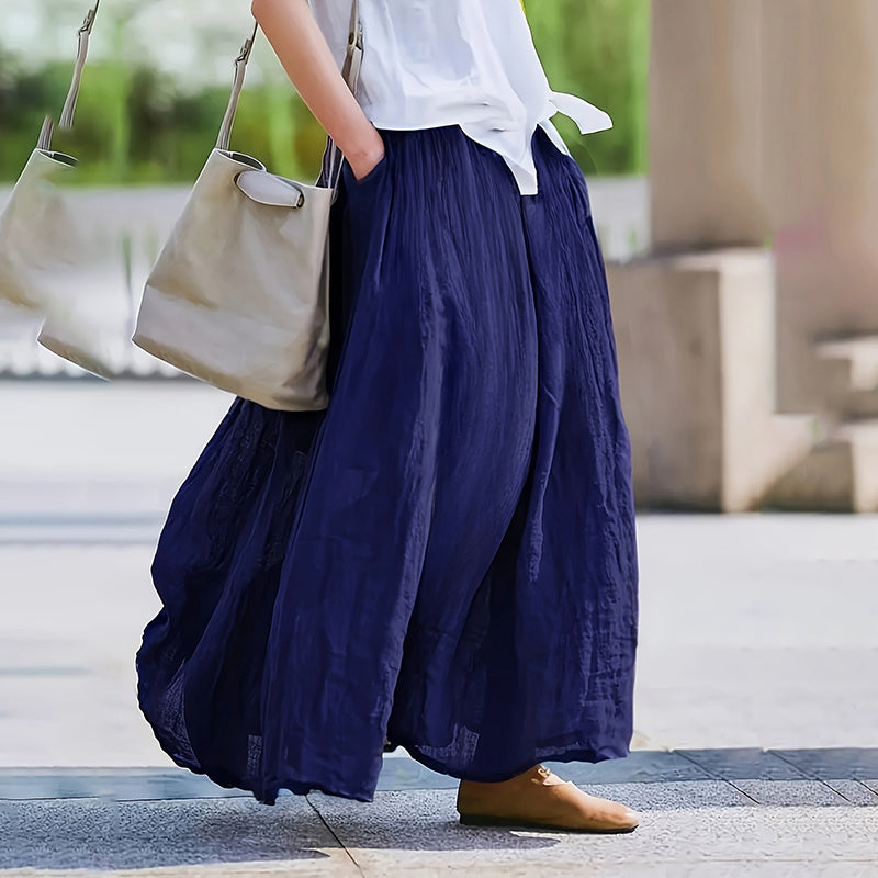 Women Bohemian Beach A-Line Dress Elastic Waist Flowy Long Maxi Skirt With Pockets - kinko