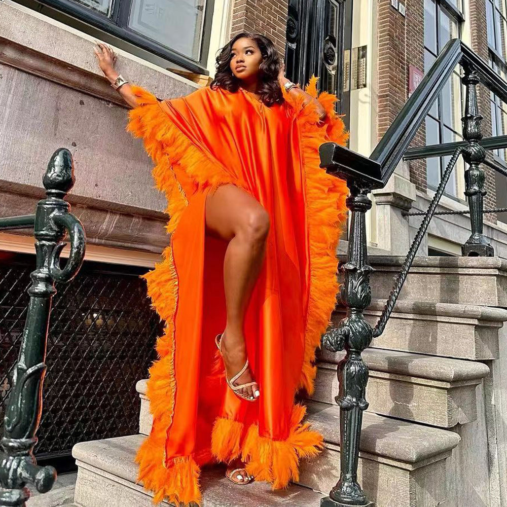 African Women's Loose Dress Luxury Fully Surrounded Light Feather Batwing Sleeve High Slit Robe - kinko
