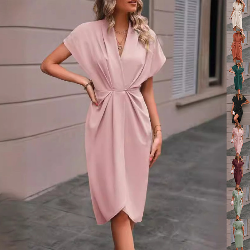 Summer Batwing Sleeve Dress Fashion V-neck Short Sleeve Pleated Dresses Womens Clothing - kinko