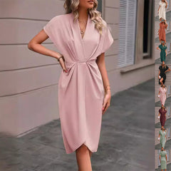 Summer Batwing Sleeve Dress Fashion V-neck Short Sleeve Pleated Dresses Womens Clothing - kinko
