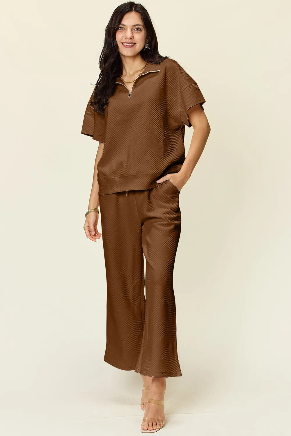 Double Take Full Size Texture Half Zip Short Sleeve Top and Pants Set - kinko