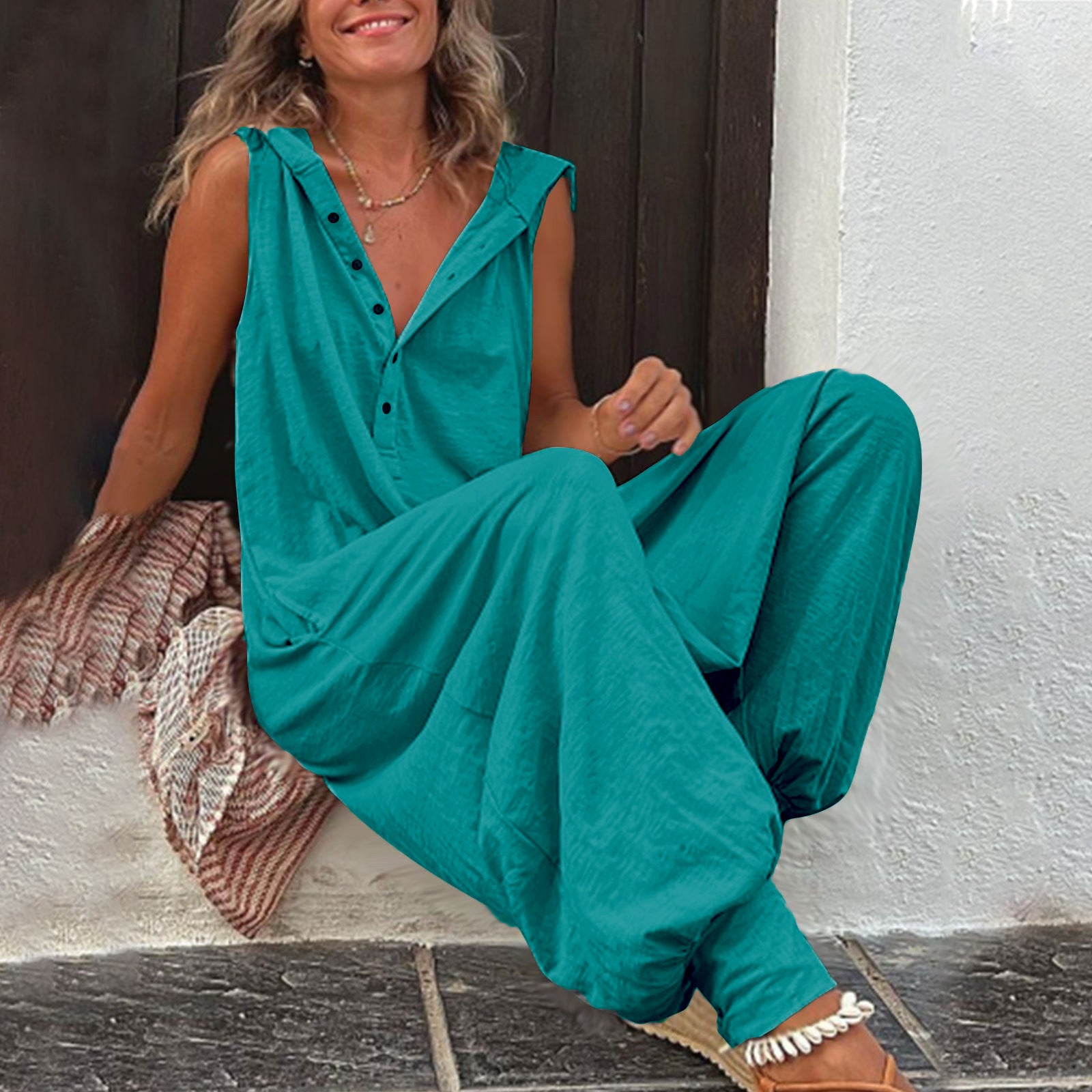 Hot Selling Button Up Hooded Sleeveless Pants In Stock, Jumpsuit With Pockets - kinko