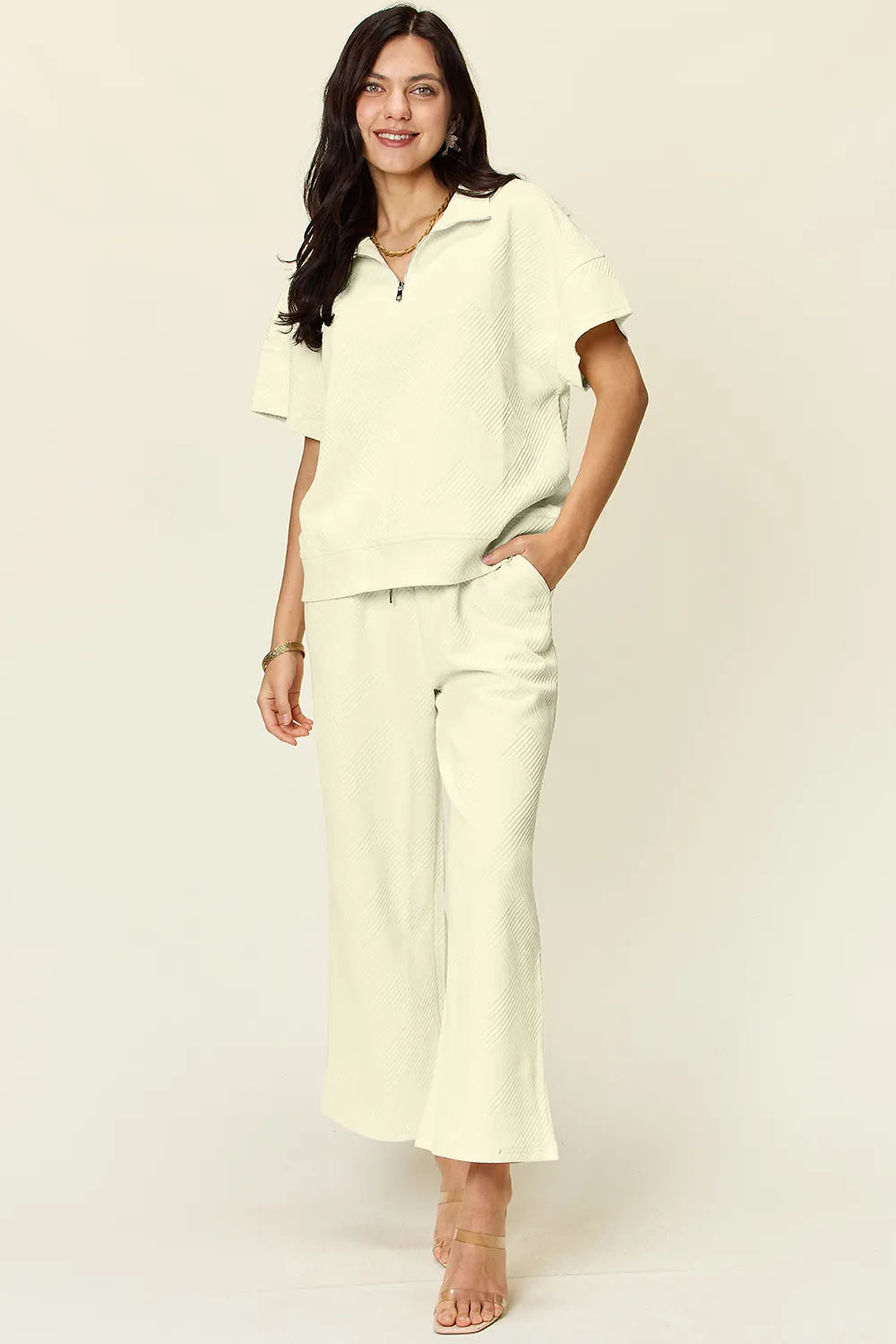 Double Take Full Size Texture Half Zip Short Sleeve Top and Pants Set - kinko
