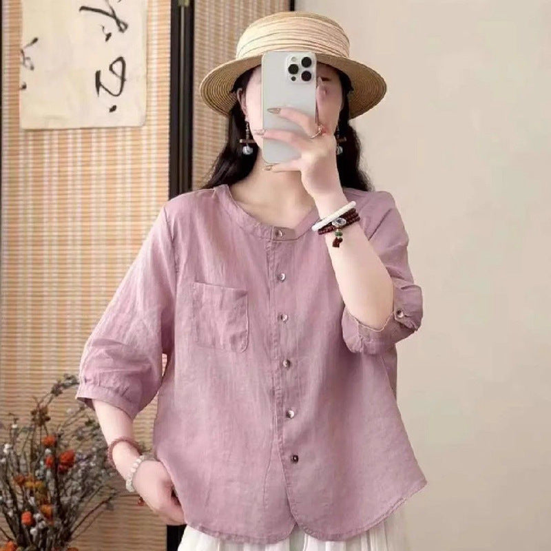 All-matching Western Style Cotton And Linen Short Sleeve Shirt - kinko