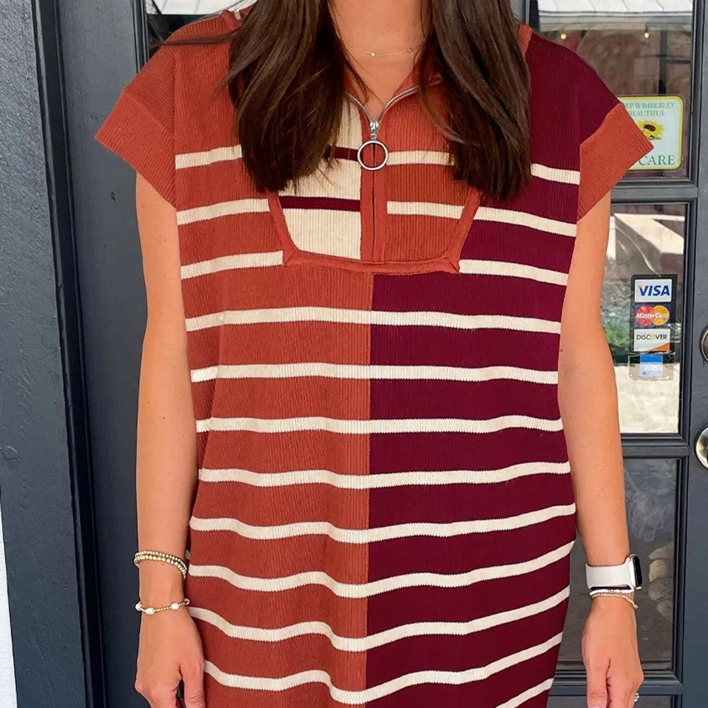 Brown Stripe Color Block Quarter Zip Collar Short Sleeve Sweater Dress - kinko