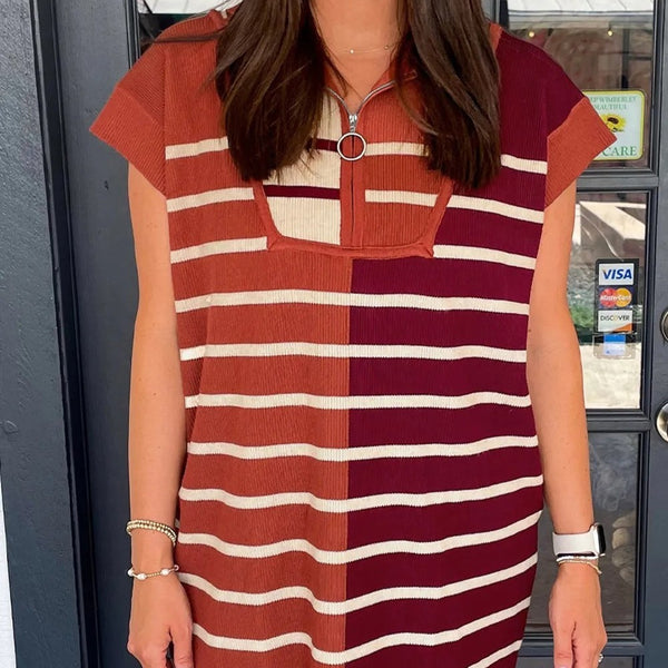 Brown Stripe Color Block Quarter Zip Collar Short Sleeve Sweater Dress