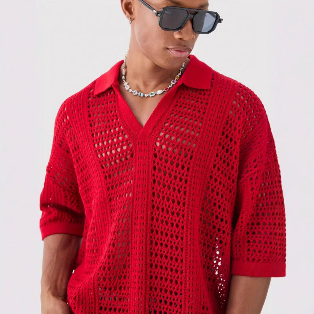 Hollow Mesh Texture Knitted Short-sleeved Polo Shirt - kinko