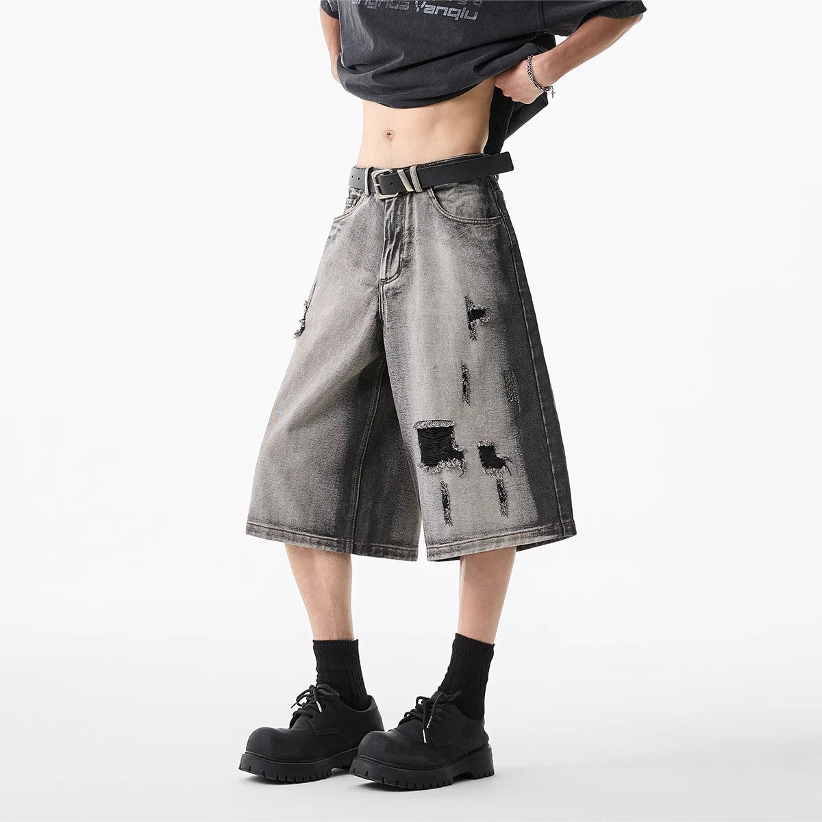 High Street Water Washed Hole Denim Shorts - kinko