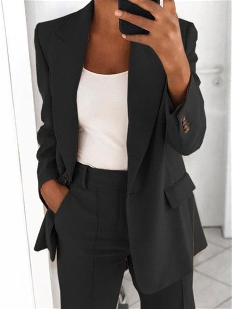 Ins Button Casual Suit Fashion Long-sleeved Lapel Blazer Jacket And Slim-fit Pocket Trousers For Women Clothing - kinko