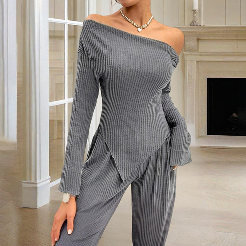 Women's Solid Color Off-Shoulder Long Sleeve Top & Pants Set - Elegant Asymmetrical Hem & Ruffes Cuff Casual Outfit - kinko