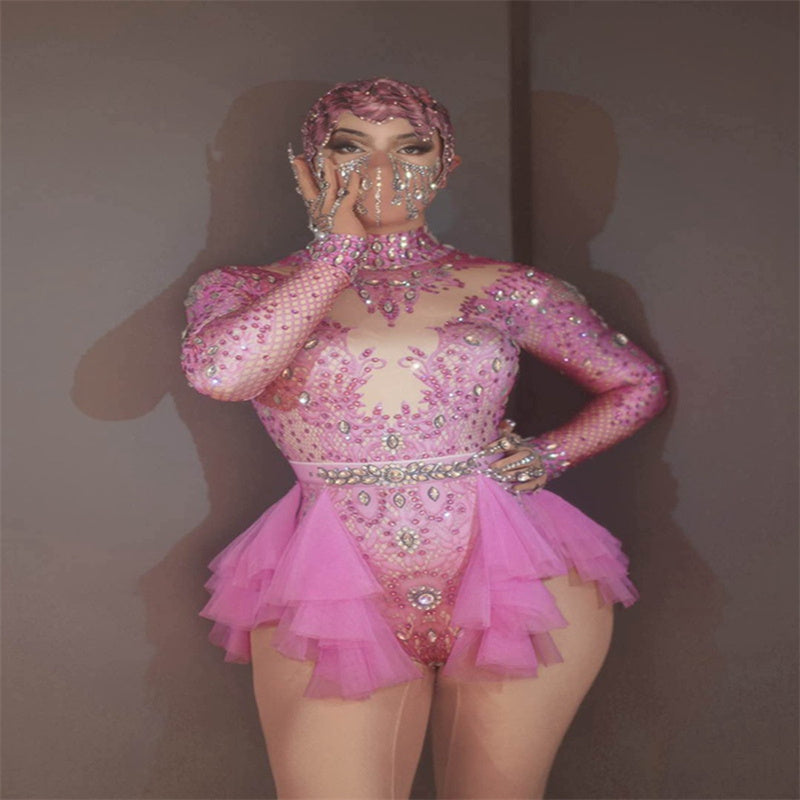 Dance Sexy Shiny Rhinestone Mesh Jumpsuit Stage Performance Costume Women - kinko