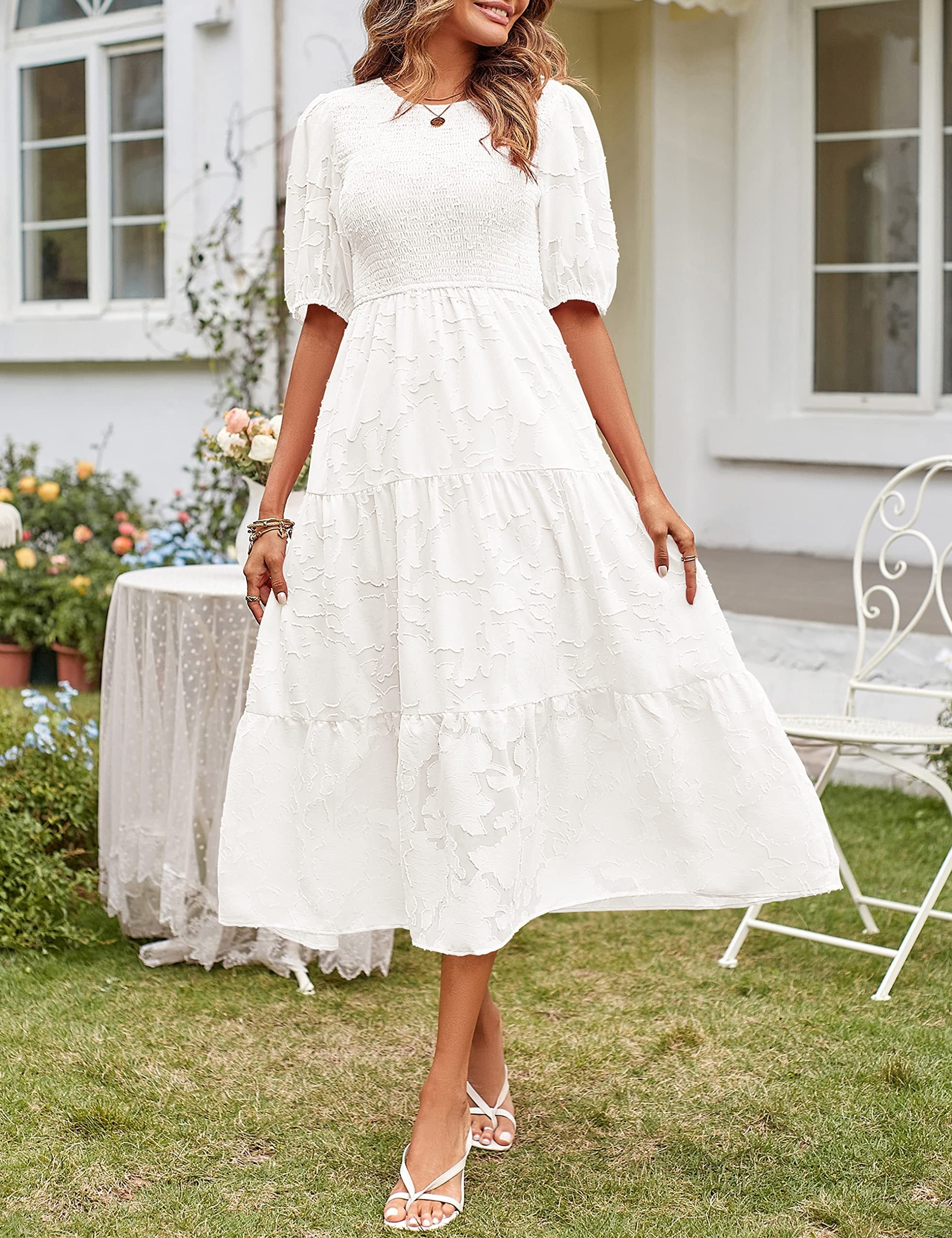 Women's Summer Casual Lace Dress Floral Ruffle Puff Short Sleeve High Waist Midi Beach Dresses - kinko