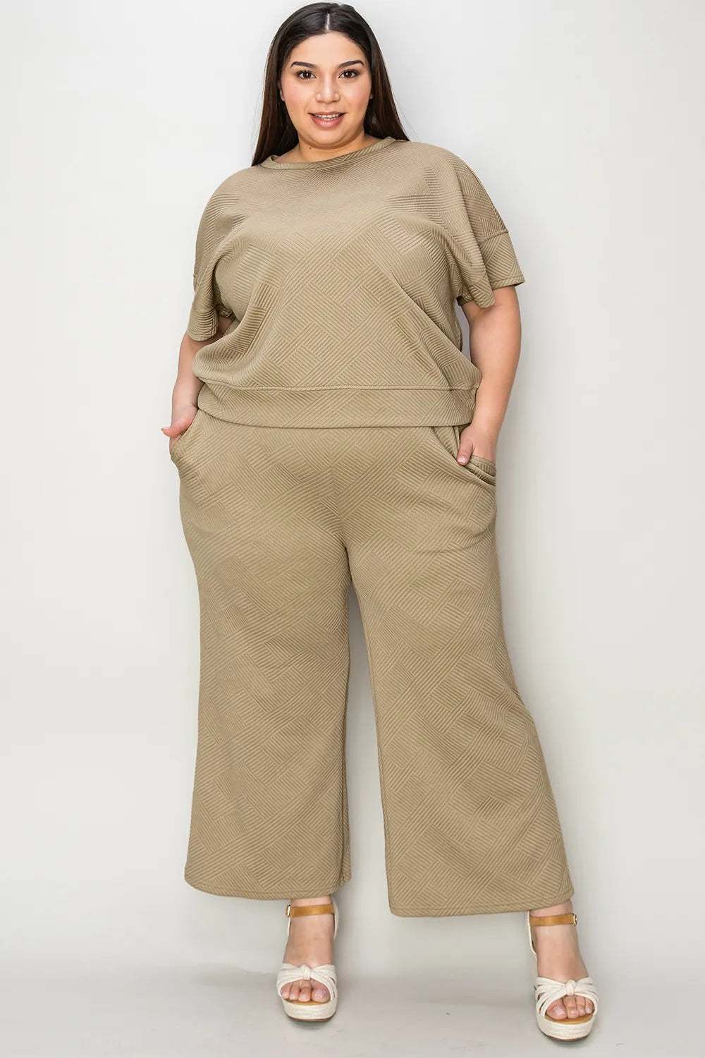 Double Take Full Size Texture Short Sleeve Top and Pants Set - kinko