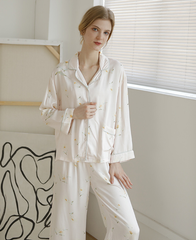 Pajamas Women Spring Autumn Long Sleeve Retro Yellow Lily Tribute Satin Printed Homewear Pajamas Women