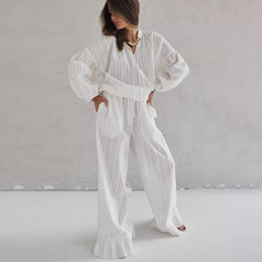 Autumn Pure Cotton Long Sleeve Top Long Pants Pajamas Women Loose Simple Outerwear Homewear Two Piece Set