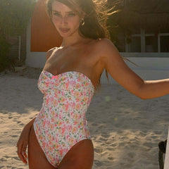 Tube Top Bow Floral Print One Piece Swimsuit Women Sexy Tight Swimsuit - kinko Global Holdings inc