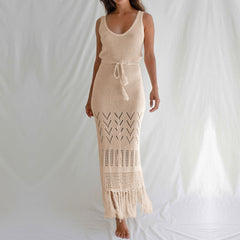 Sunscreen Beach Dress Hollow Out Cutout out Strap Women Maxi Dress with Tassel Bikini Swimsuit Blouse
