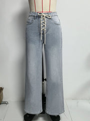 Autumn Drawstring Cross Strap Straight Jeans Retro Slimming Wide Leg Jeans Women