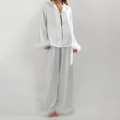 Spring Summer White Cardigan Lace up Feather Long Sleeved Trousers Pajamas Women Can Be Outerwear Homewear