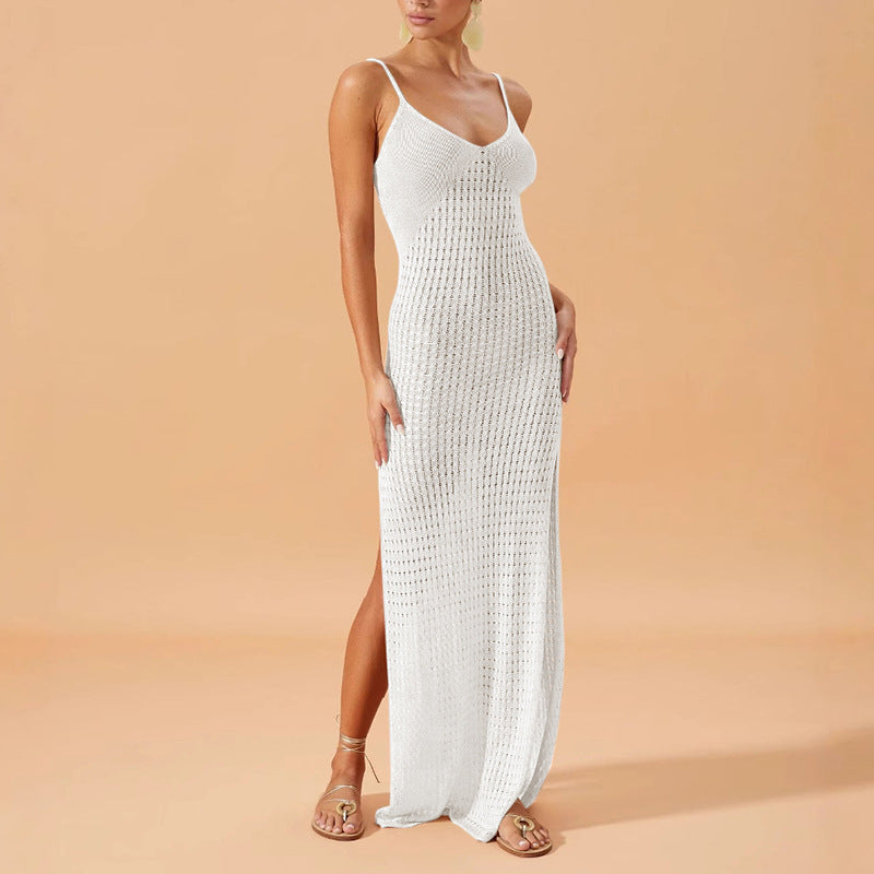 Solid Color Sling Dress Side Slit Summer Pure Want to Wear Seaside Women Knitted Dress Slim French Hip - kinko Global Holdings inc