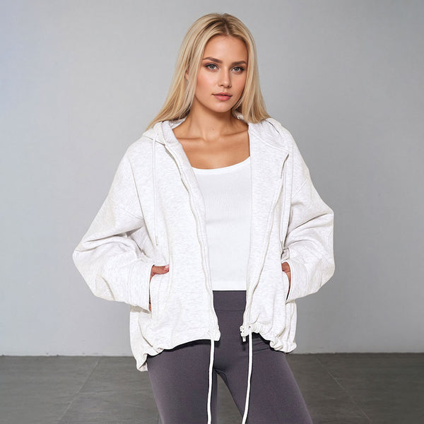 Women Casual Hooded Zipper Polyester Knitted Women Casual Solid Color Original Coat