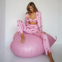 Summer Comfortable Thin Elastic Artificial Silk Printing Three Piece Pajamas Home Wear Can Be Worn outside