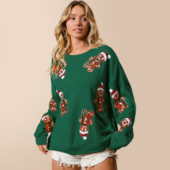 Spring Autumn Best Women Clothes Christmas Gingerbread Man Sequined Sweatshirt Solid Color Long Sleeve Knitted Top