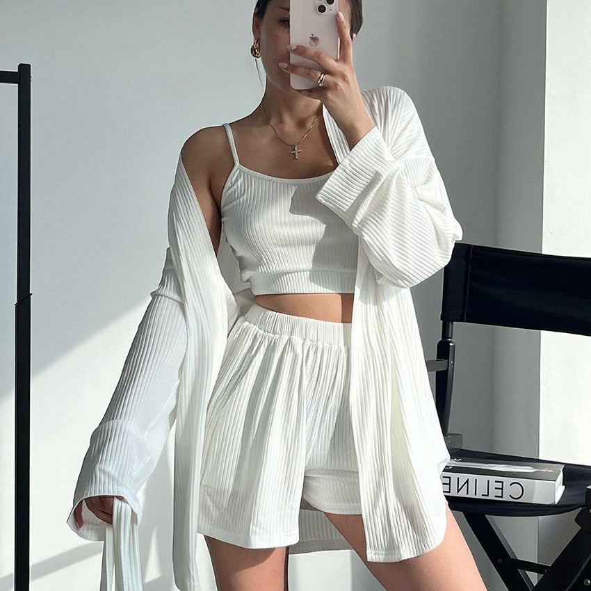 Autumn Knitted Long Sleeve Spaghetti Strap Shorts Three Piece Set Warm Elastic Home Wear Women