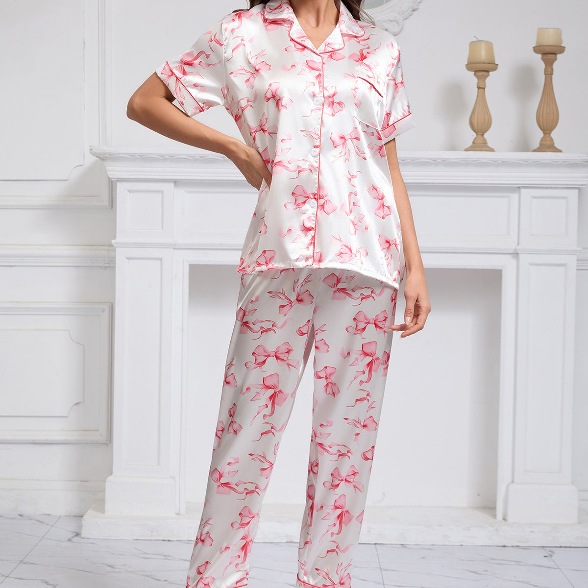 Satin Printed Pajamas Comfortable Homewear Short Sleeve Trousers Two Piece Sets Women Spring Summer Floral Satin Collared Artificial Silk - kinko Global Holdings inc