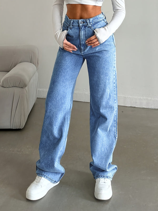 Women Clothing Loose Casual All Matching Straight Leg Denim Trousers